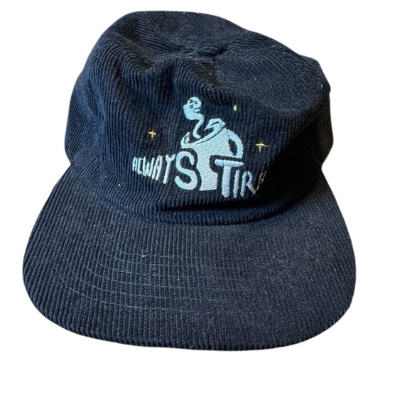 🧢 Academy Fits Always Tired Coffee Ghost Corduroy Hat Navy Blue Snapback VGUC 🧢 - Picture 1 of 4
